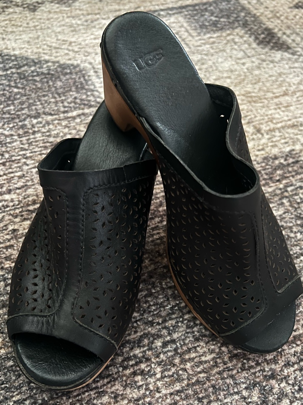 UGG Ansel Black Perforated Leather Peep-Toe Mules with 2.5” Heel